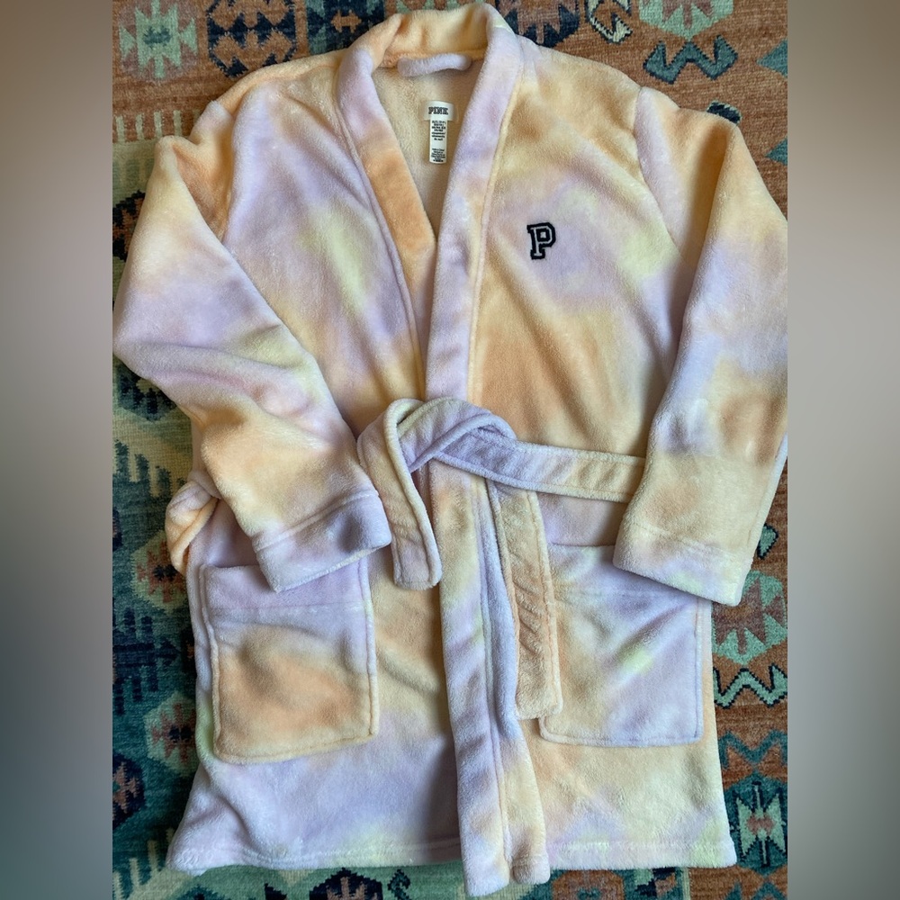 PINK Victoria's Secret Tie Dye Plush Fleece Robe Pastel Chenille Patch XS